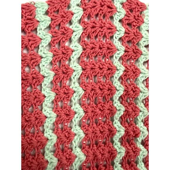 VTG Crocheted Afghan Blanket 42"x51" Handmade CottageCore Granny Coral Green - Picture 5 of 7